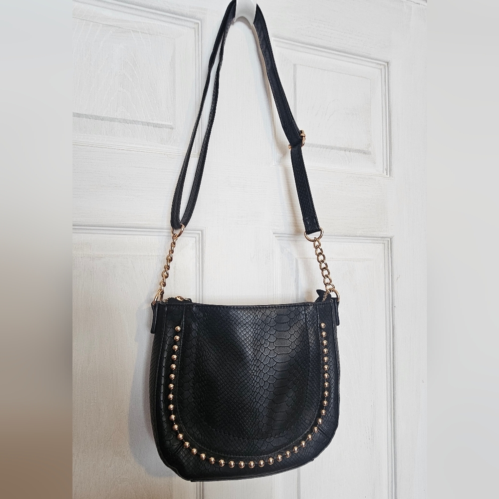 Jessica Simpson Black Snake Embossed Studded Shoulder Bag | Gold Chain Strap